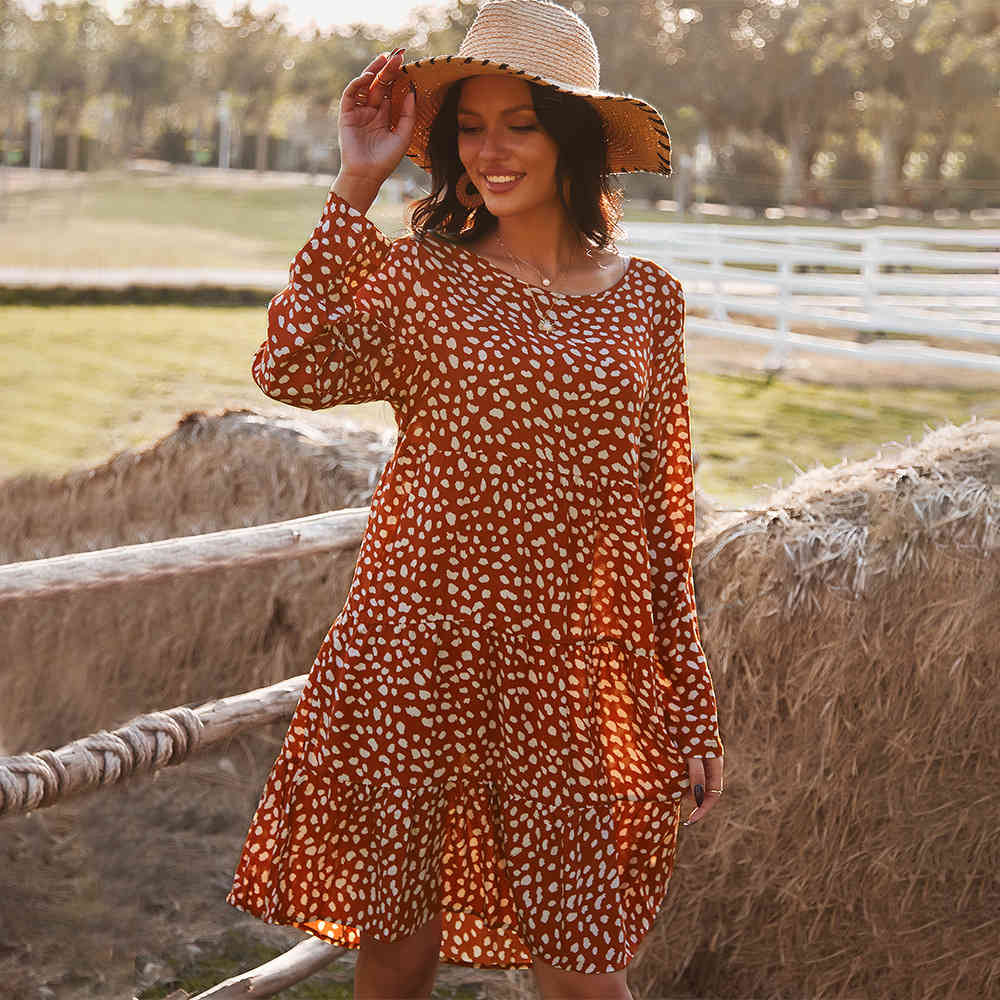 

women spring summer pleated A-Line dress Full Sleeves O-Neck Dots Printing Women' Dresses Casual loose cotton 210524, Navy blue