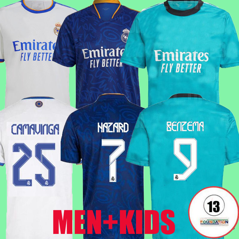

REAL MADRID jerseys 21 22 soccer football shirtS ALABA HAZARD BENZEMA Camavinga MODRIC Kroos VINI JR Casemiro third camiseta men kids 2021 2022 fans player version, Away women