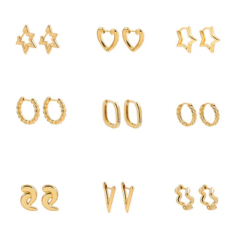 

Hoop & Huggie Simple Design Geometric Gold Color Heart Star Shape Earrings For Women Fashion Round Twisted Small Jewelry Gifts