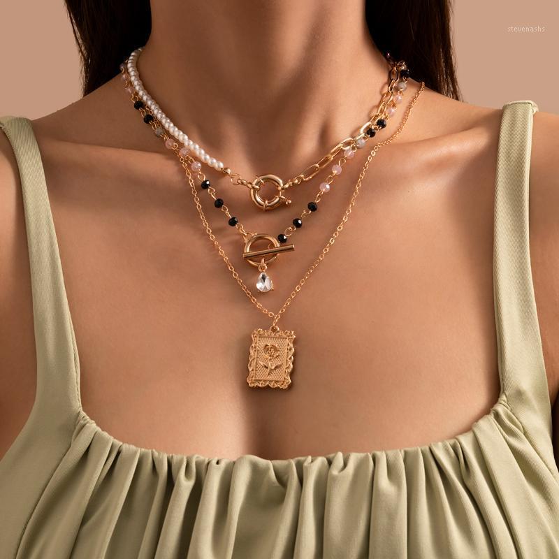 

Chains IngeSight.Z 3Pcs/Set Imitation Pearl Beads Toggle Lasso Choker Necklaces Multi Layered Suqare Flower For Women Jewelry