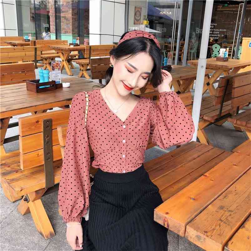 

Women Polka Dot Print Blouse Shirts Office Lady Casual V-Neck lantern Sleeve Blouses Vintage Female Chic Short Tops 210519, Yellow