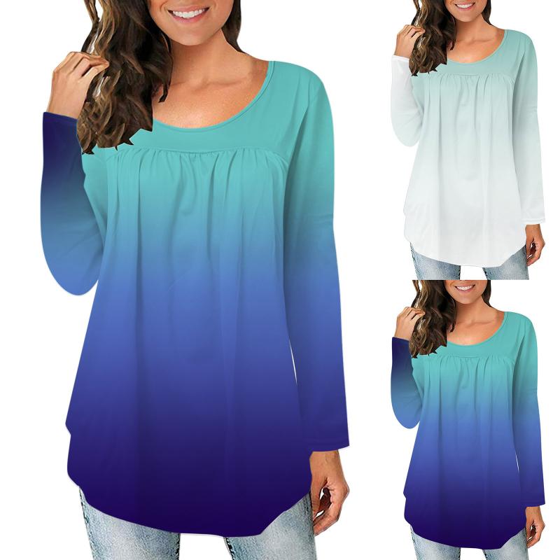 

Women' Blouses & Shirts Casual Round Neck Pleated Stitching Gradient Print Long-sleeved Harajuku Blouse Top Clouthing Blusas Feminina, Mint green