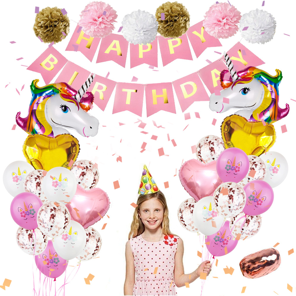 Cartoon Unicorn Balloon Baby Birthday Feast Themed Boy Girl Party Banner White Pink Gold Paper Flower Ball Decoration Wallground Supplies-image-686043907