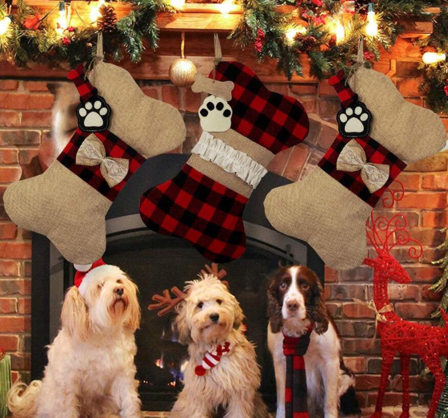 

Christmas sock decoration gift bag dog paw Xmas plaid cloth bone stocking