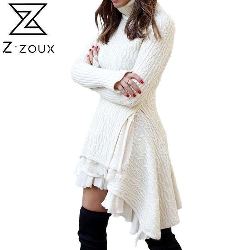

Women Dress Knitted Turtleneck Sweater Dresses Irregular Hem Long Sleeve Slim Thin Winter 210524, White