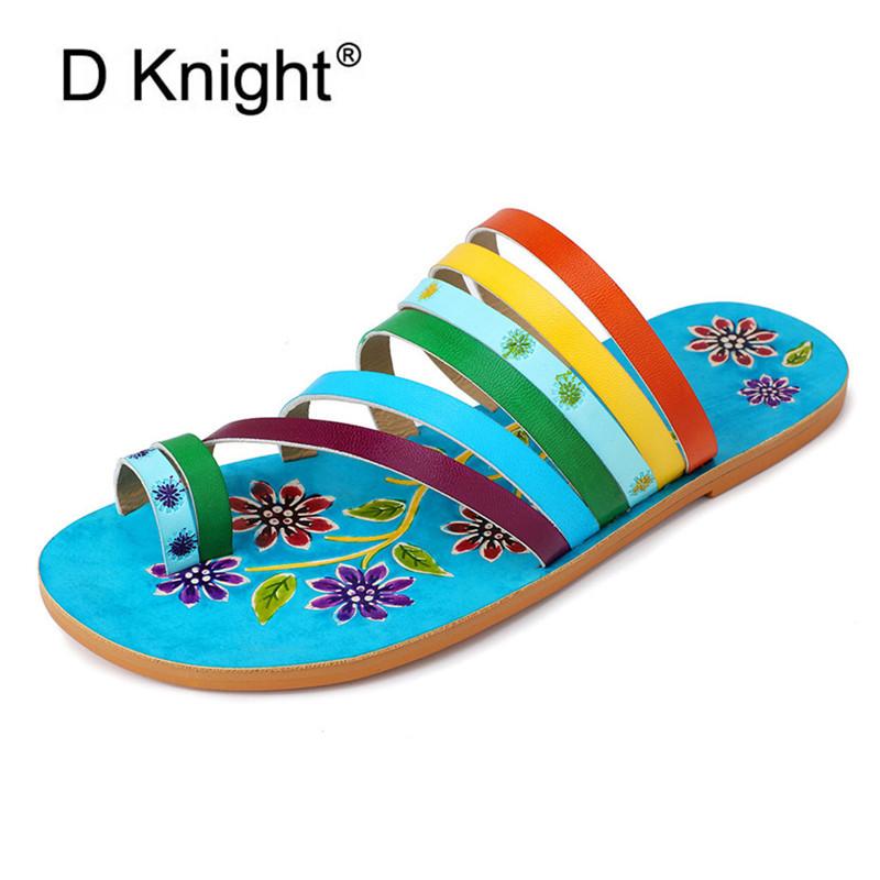 

Slippers Summer Bohemian Women Retro Genuine Leather Color Stripe Flip Flops Shoes Contrast Comfort Thong Sandals Slides, Black