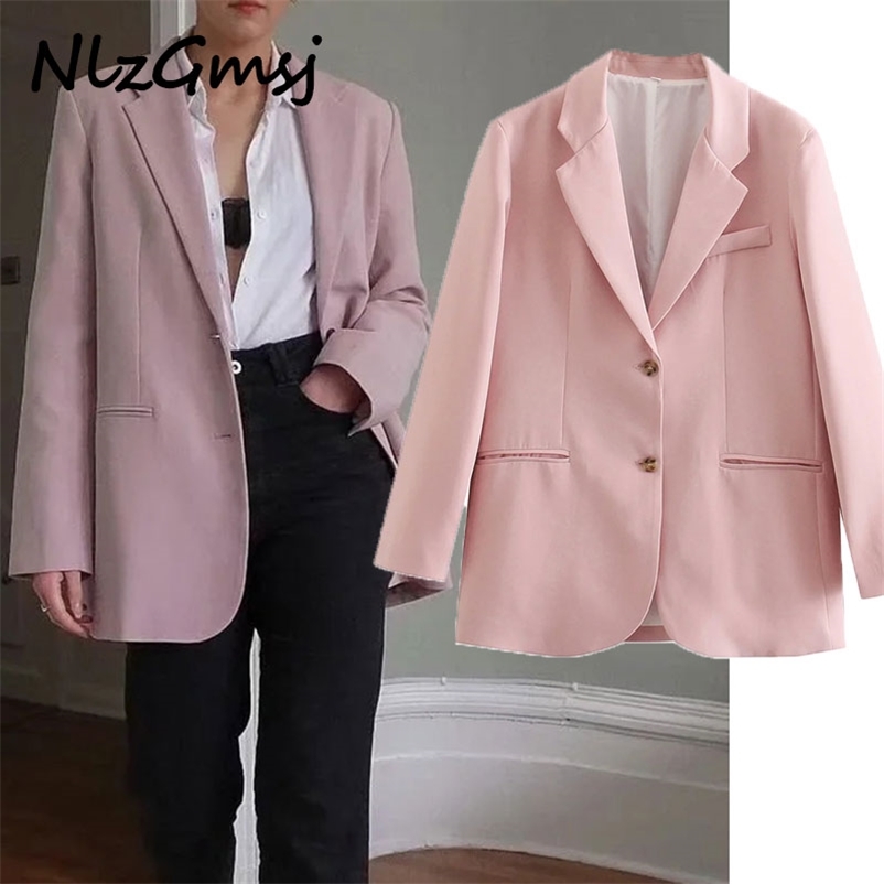 

Blazer Women Pink Coat Vintage Notched Collar Pocket Fashion Female Casual Chic Tops 04 210628, As picture