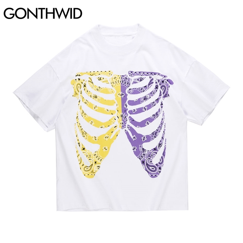 

Streetwear Tshirts Hip Hop Bandana Paisley Pattern Skull Skeleton Tees Shirts Harajuku Fashion Cotton Short Sleeve Tops 210602, White