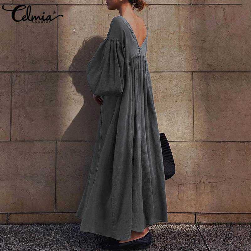 

5XL Sexy Backless Long Dress Celmia Women Loose Vintage Dress Lantern Sleeve Maxi Dresses Fashion Lace Up Casual Solid Vestidos Y0603, Black