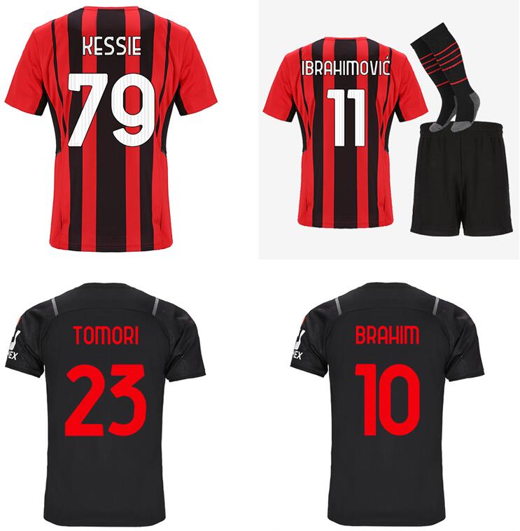 

Adult + kids kit with socks AC milan 21 22 soccer jerseys boys sets IBRAHIMOVIC BRAHIM TOMORI R.LEAOMMZZ, Black