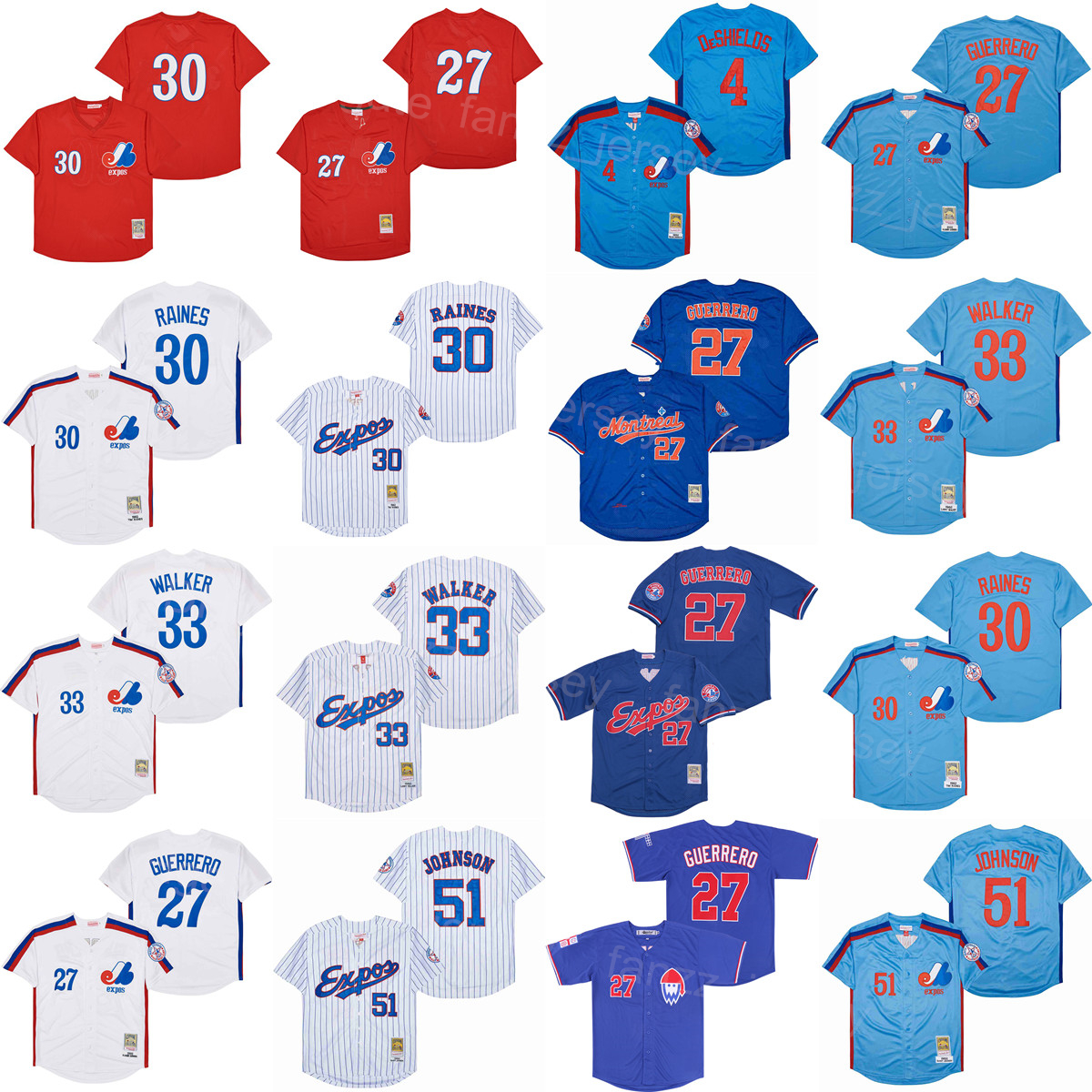 

1982 2000 Retro Baseball 30 Tim Raines Jersey 27 Vladimir Guerrero 4 Delino DeShields 33 Larry Walker 51 Randy Johnson Vintage Pinstripe Red Blue White Cool Base, 1982 retro