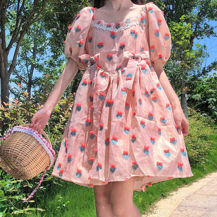 

women sweet lace bow square collar A-line party puff sleeve floral print cute pink Lolita Vestidos 210517, Bow pink