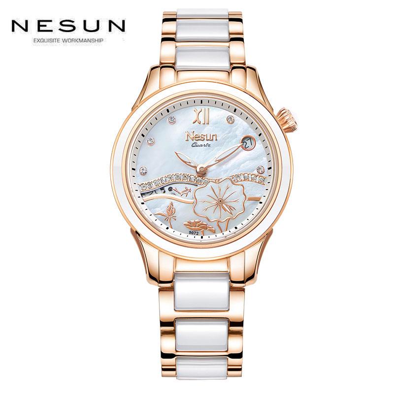 

Wristwatches Switzerland Ceramic Watch Women Nesun Top Fashion Rose Gold Bracelet Ladies Watches Waterproof Relogio Masculino, Silver