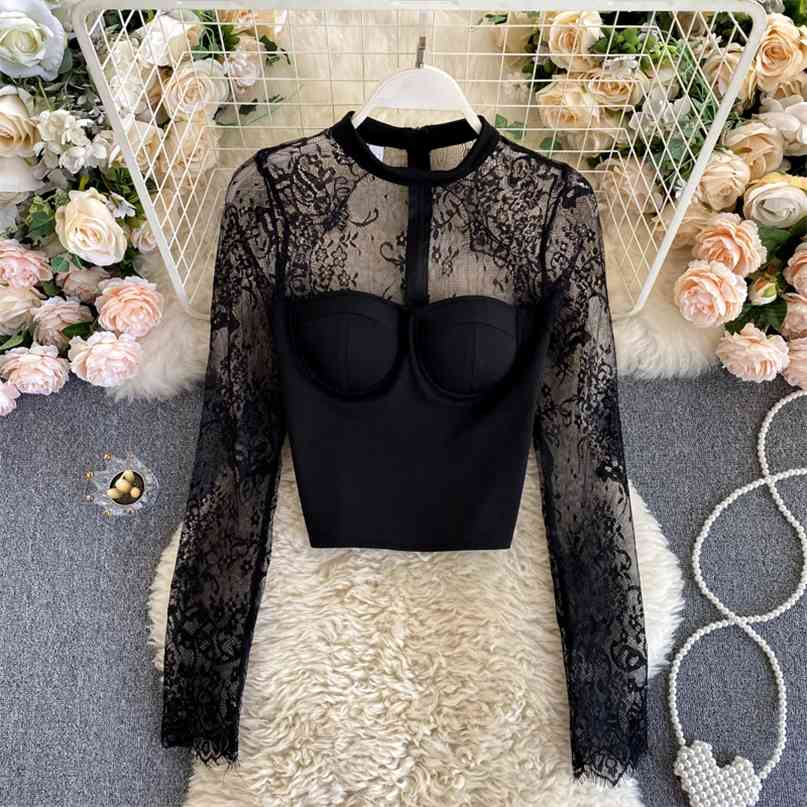 

spring summer women elegant floral lace shirt white black perspective mesh splicing long sleeve cropped top 210603
