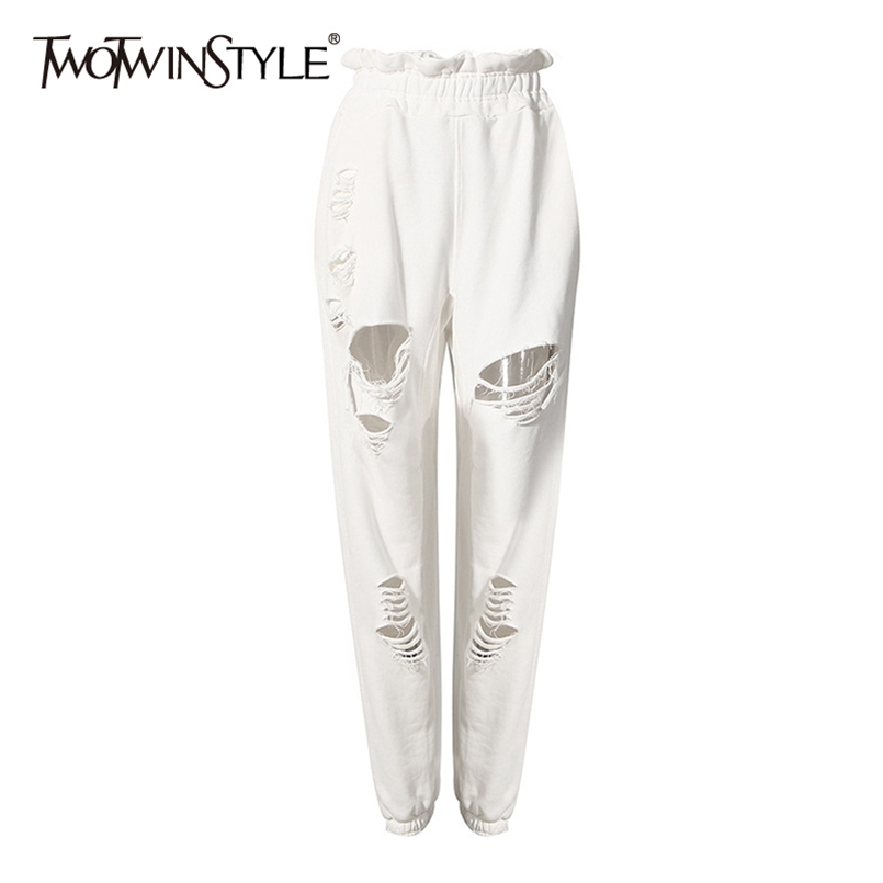 

Streetwear Patchwork Hole Tassel Pants For Women High Waist Hollow Out Casual Trousers Female Fall Fashion 210521, Gray