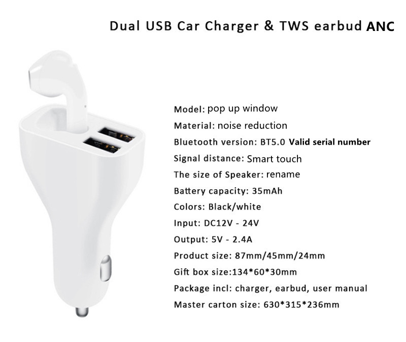 

anc single ear 5.0 wireless Bluetooth headset charger noise reduction mobile phone UBS dual port 2 in 1 output TWS for 2nd generation 3rd ge