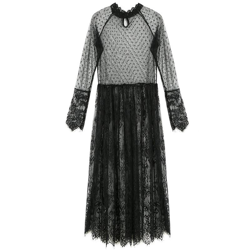 

Casual Dresses 2022 Korean Version Of The Spring Long Ride Within Sleeve Perspective Lace Dress ZY4149, Black;gray