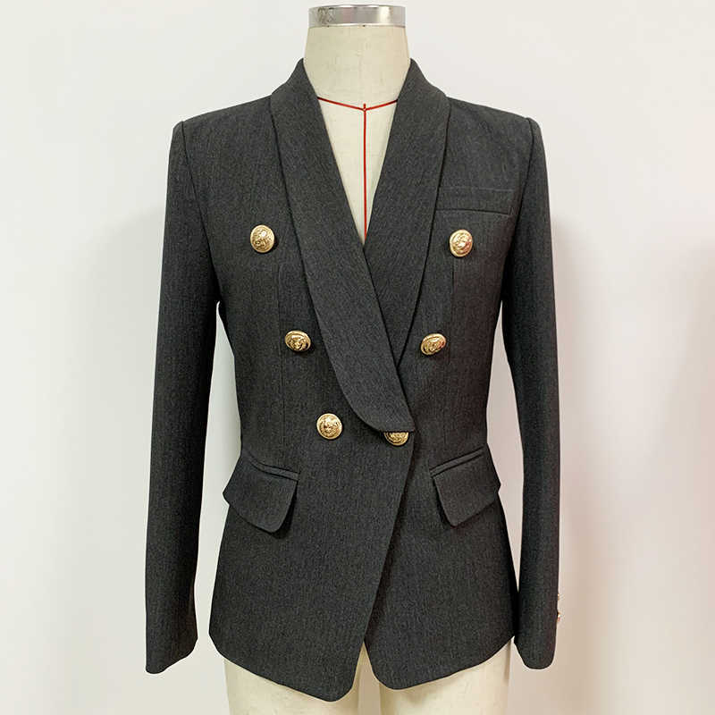 

HIGH QUALITY est Designer Jacket Women's Slim Fitting Double Breasted Metal Lion Buttons Shawl Collar Blazer 210526, Dark grey
