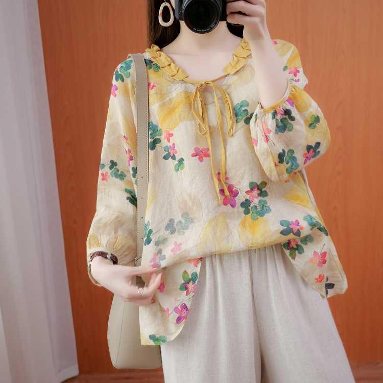 

Women's Blouses & Shirts Ramie T-shirt Summer Loose Baby Shirt Literature And Art Lace Up Linen Seven Sleeve Cotton Top Floral, Pink