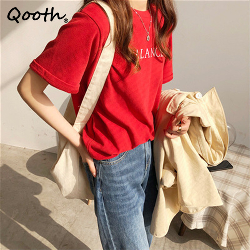 

Qooth Multi-color Letter Printing Short-sleeved T-shirt Women Spring Summer All Match Tops O-Neck Solid Causal T-shirt QT697 210518, Black