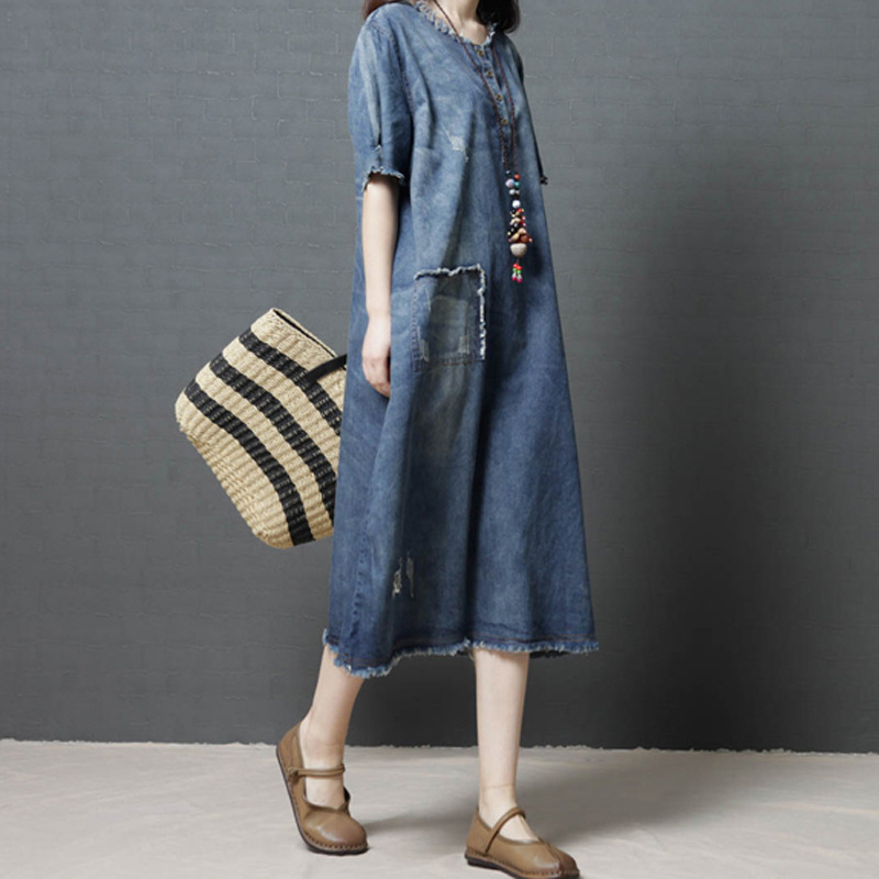 

Johnature Women Denim Dress Korean Style Blue Vintage Summer O-Neck Patchwork Women Cloths Casual Dress Loose 210521