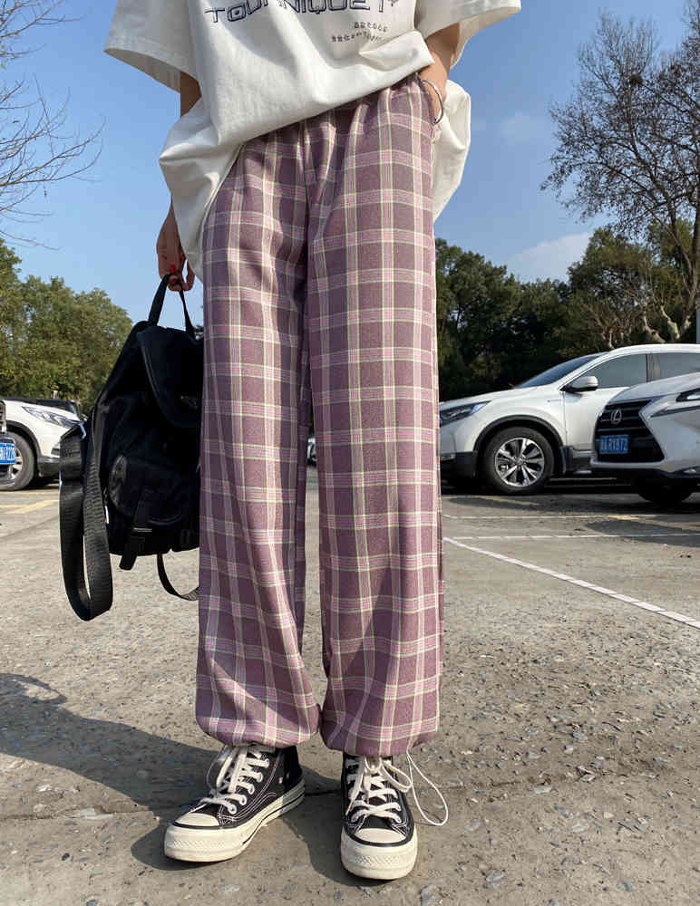 

summer ins plaid Japanese retro literary style trousers girl lazy wide-leg 210429, Beige