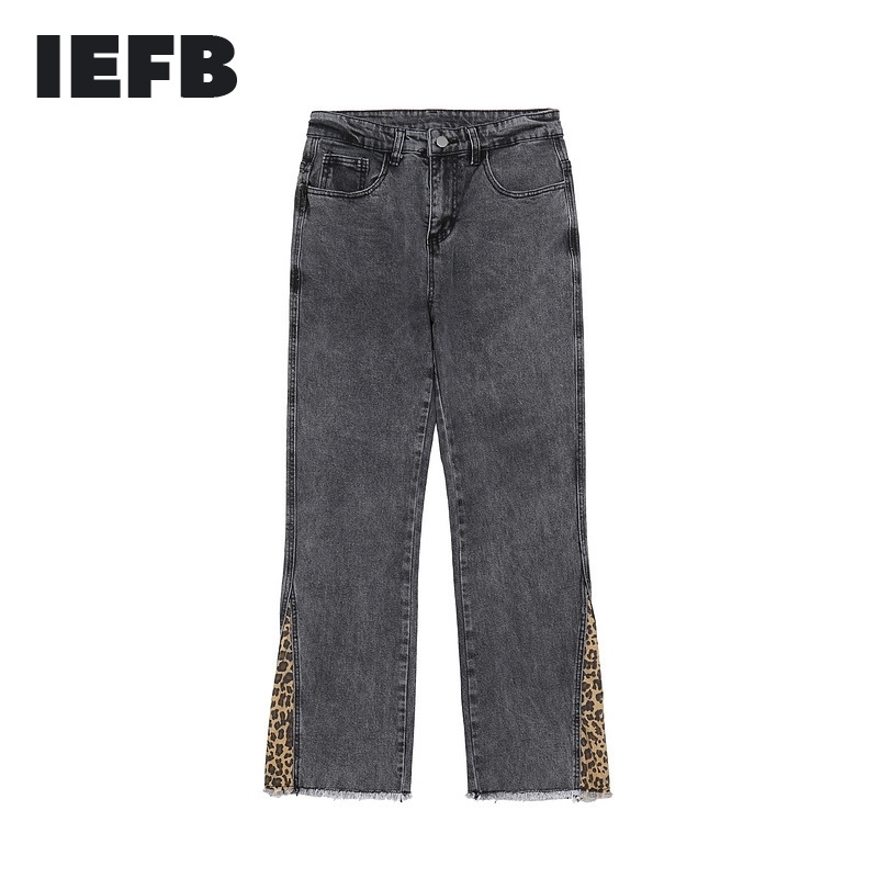 

IEFB High Street Hip Hop Jeans Flared Denim Pants Washed Distressed Leopard Patchwork Bottoms Loose Trousers 9Y7288 210524, Light blue
