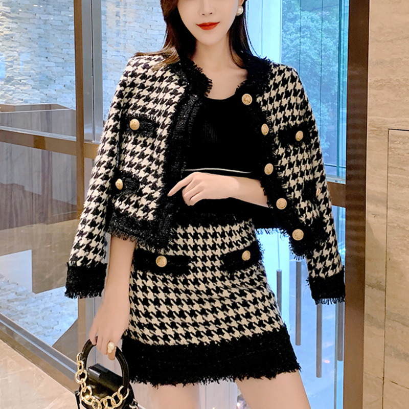 

skirt High Quality Autumn Winter Sweatsuits For Women Vintage Houndstooth Long Sleeve Knitted Cardigan Coat + Mini 2 Piece Set Y0WJ, Black