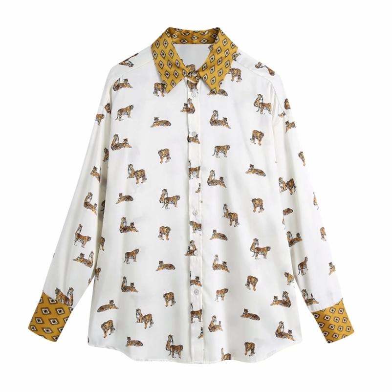 

Spring Women Tiger Print Turndown Collar Loose Satin Shirt Female Long Sleeve Blouse Casual Lady Tops Blusas S8615 210425, As pic