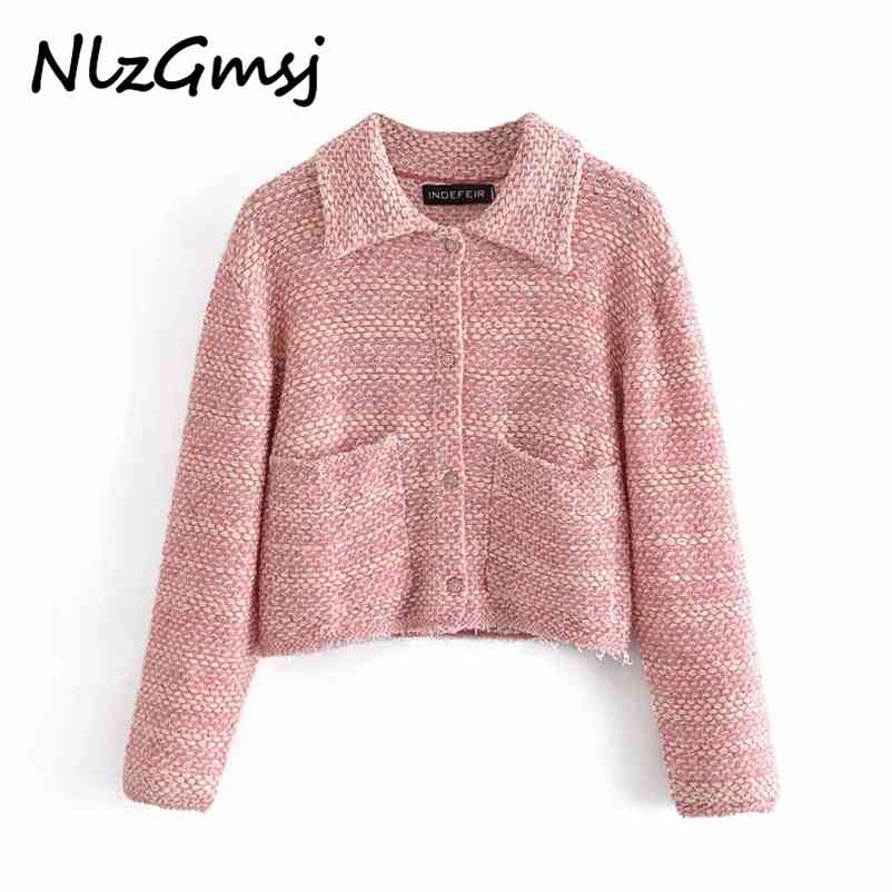 

Jacket Women Texture Knitted Tweed Crop Top Fashion Lapel button long sleeve short jacket 03 210628, As picture