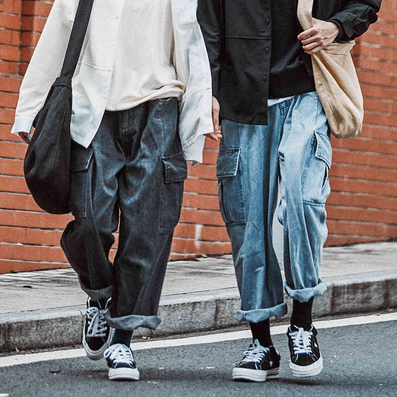 

Firmranch Spring/Fall Men/Women Couple American Vintage Multi Pockets Wide-leg Jeans Ins Casual Loose Straight Leg Denim Pants, Black