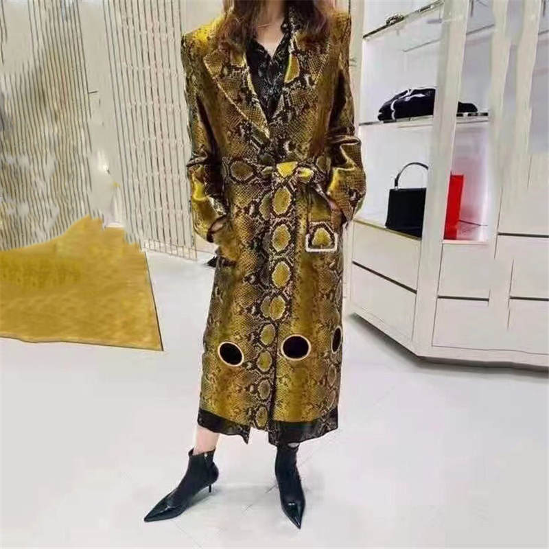 

Snakeskin Pattern Women Trench Coats With Belt Designer Jacket Long Style Outerwear Ladies Luxury Brand Coat, Extra shipping postage/no ship