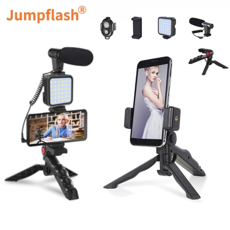 

Jumpflash Mini Tripod LED Fill Light With Condenser Microphon Remote Control For Selfie Interview Live Recording YouTube Tripods