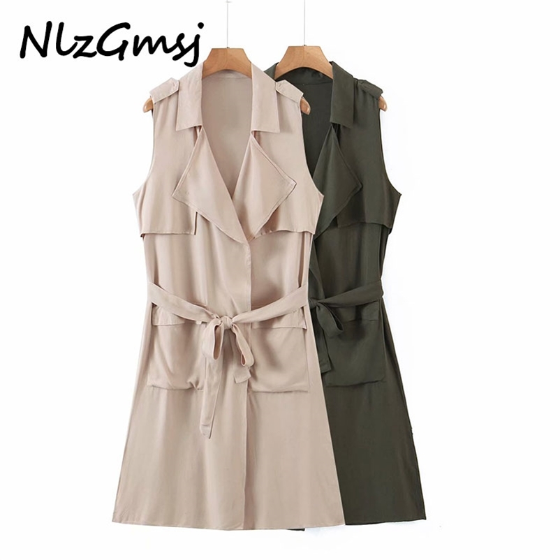 

Dres Spring Autumn Fashion Turn-down Collar High Waist Sashes Sleeveless Solid Color Loose 210628, As picture