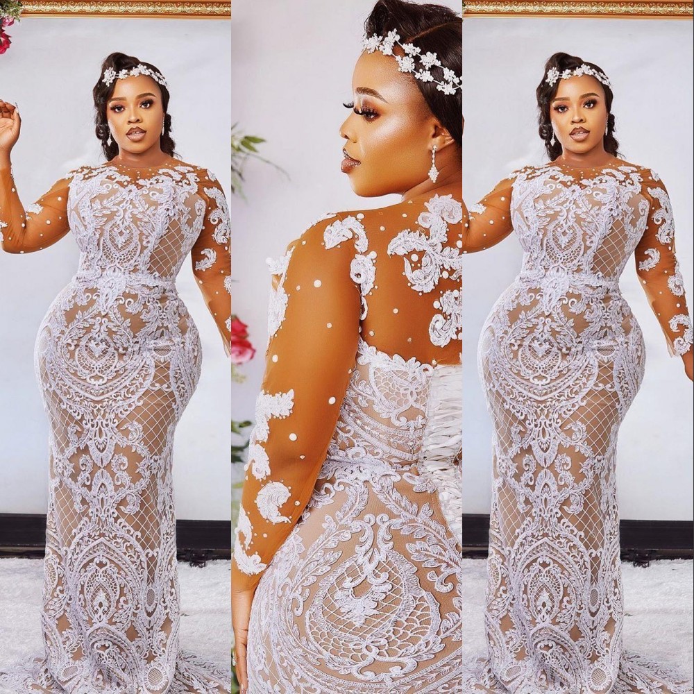 

2021 African Aso Ebi Champagne Mermaid Wedding Dresses Bridal Gowns Jewel Neck Long Sleeves White Lace Appliques Beads Corset Back robe de mariée, Ivory