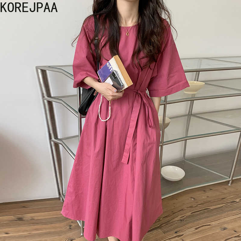 

Korejpaa Women Dress Summer Korean Chic Ladies Gentle Rose Red Round Neck Loose Tie Waist Short Sleeve Large Swing Vestido 210526