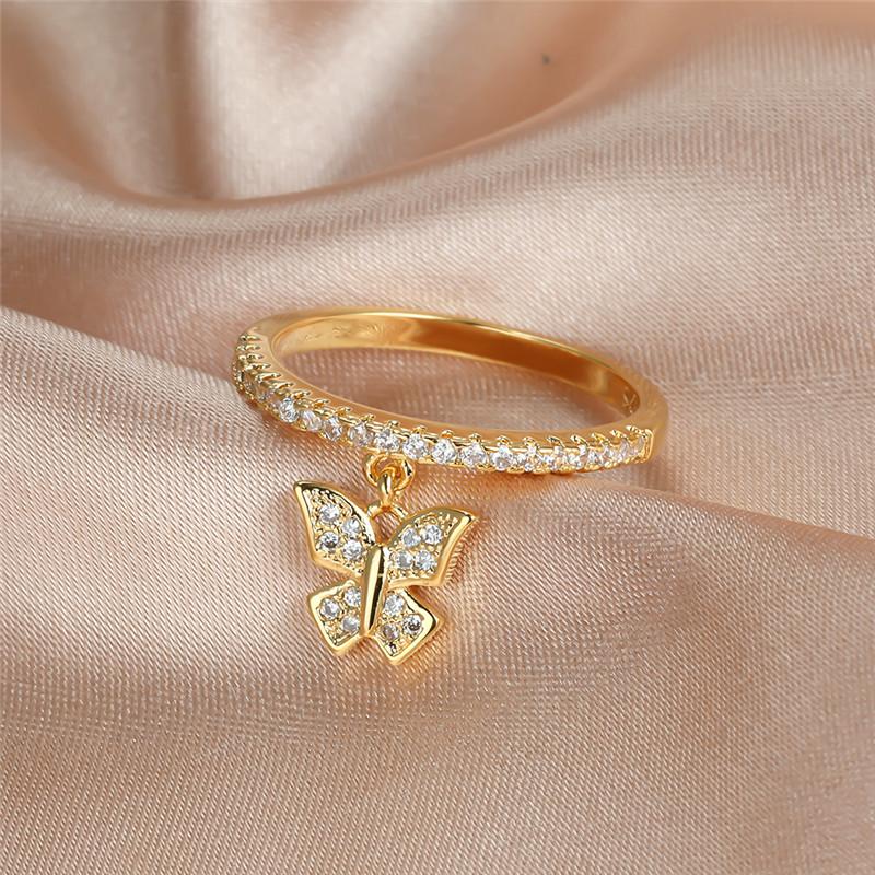 Wedding Rings Cute Female Crystal Small Butterfly Jewelry Rose Gold Silver Color Engagement Ring Vintage White Zircon For Women-image-711427806