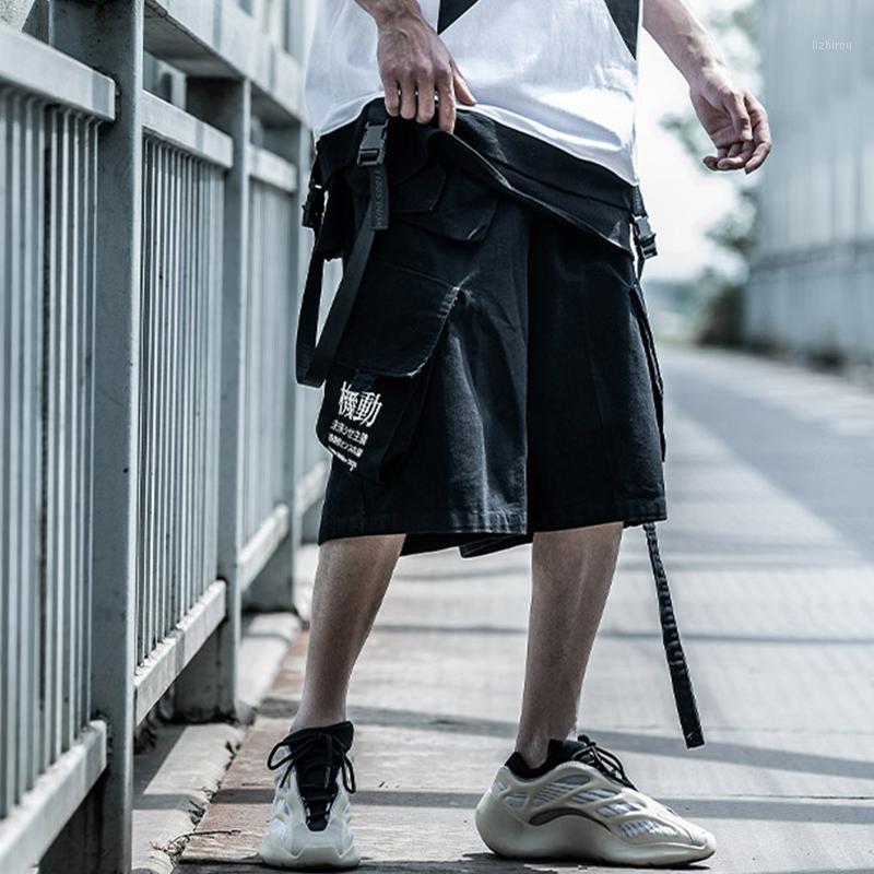 

Embroidery Hip Hop Tactical Cargo Shorts Techwear Men Summer Joggers Streetwear Detachable Ribbons Casual Short Pants Men's, Khaki shorts