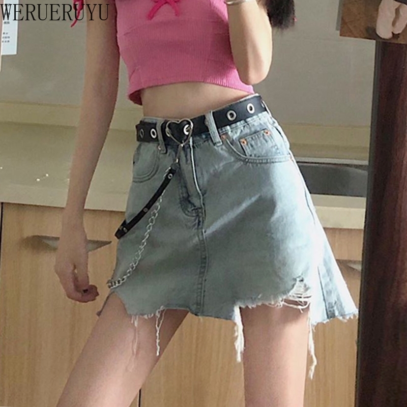 

WERUERUYUJean Skirt Woman Spring Summer Slim Fit All-match Denim Skirt High Waist Irregular Short Mini Rippede Jeans Skirt 210608, Photo color