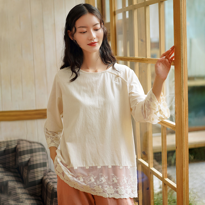 

Johnature Women Patchwork Lace T-Shirts Embroidery White Vintage Loose Clothes Spring O-Neck Seven Sleeve T-Shirts 210521