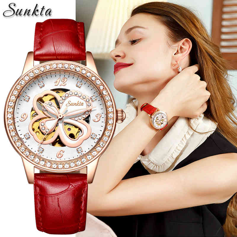 

Fashion Women Mechanical Watch Women Four-leaf Clover Design Brand Luxury Leather Waterproof Automatic Clock Montre Femme 210517, Sliver white