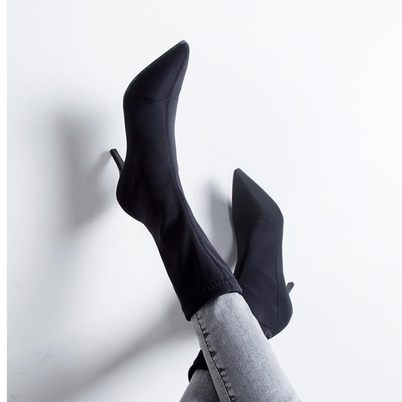 

Boots Autumn Black Beige Microfiber Stretch Mid Calf Women 2021 Pointed Toe Thin Heel Shoes Sexy High Booties Woman