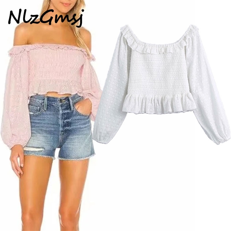 

Blouse Women's Solid Color Floral Embroidery Hollow Out Ruffles Sweet Short Shirt Slash Neck Female Sexy Tops 210628, As picture