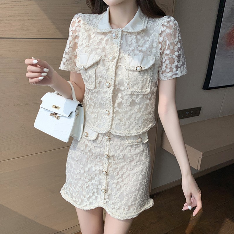 

Summer Fashion 2 Piece Set Women Sweet Lace Embroidery Lapel Puff Sleeve Pearl Button Shirt Top + High Waist Mini Skirt Suit 210518, White