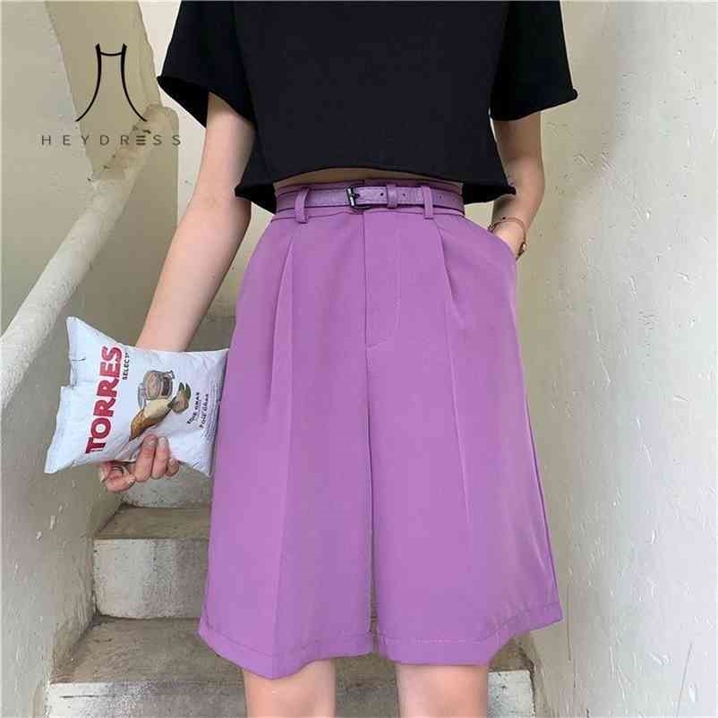 

Summer Casual Half Pants with Belt High Waist Wide Leg Korean Elegant Loose Trousers Pocket Bottoms 210517, Purple