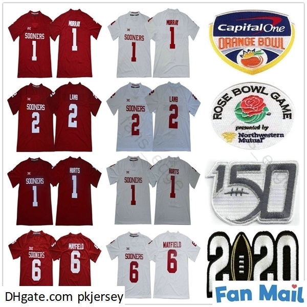 

2020 Peach Bowl 150TH NCAA Oklahoma Sooners College 2 CeeDee Lamb 1 Kyler Murray 6 Baker Mayfield Jalen Hurts Red White Football Jerseys, Black;red