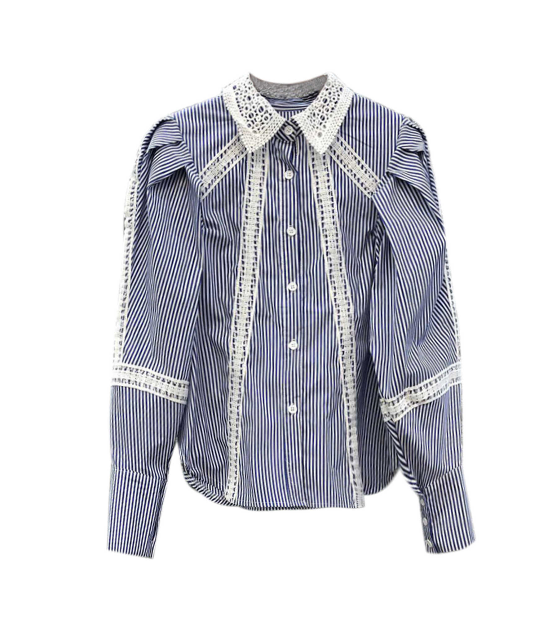 

VANOVICH Korean Spring and Summer Hollow Lace Lapel Stitched Button Puff Sleeves Office Lady Top Shirt 210615, White