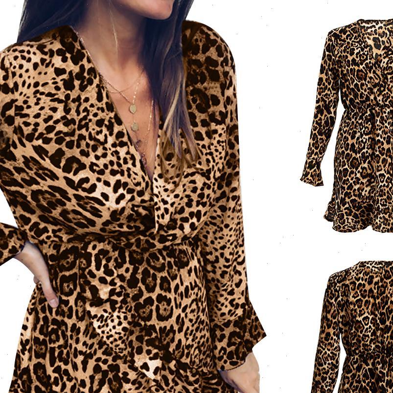 

summer autumn plus size womens dress v neck leopard print elastic waist long sleeve frill hem mini, Black;gray