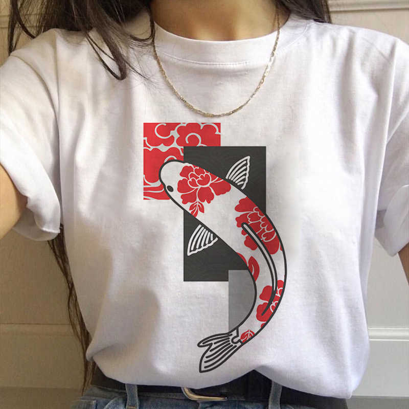 

Japan Koi Fish Graphic Print T-shirt Women 2020 New Summer Fashion White Tops Tshirt Harajuku Aesthetic Vintage Female T Shirt X0628