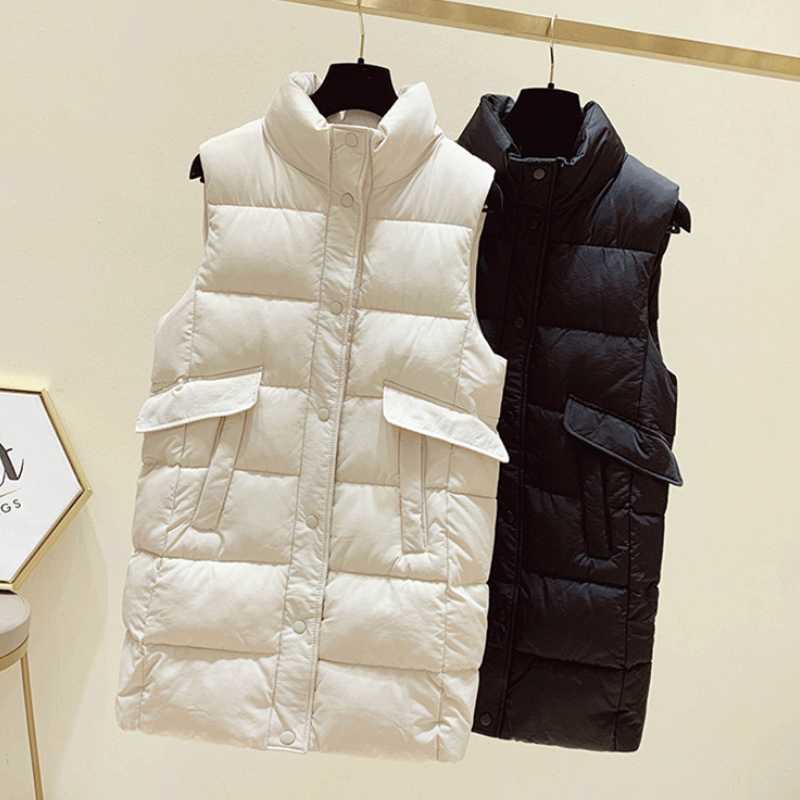 

Autumn Winter Women's Vest Fashion Temperament Stand-up Collar Solid Color Sleeveless Female Casual Cotton Mid-length Jacket Vests, Beige